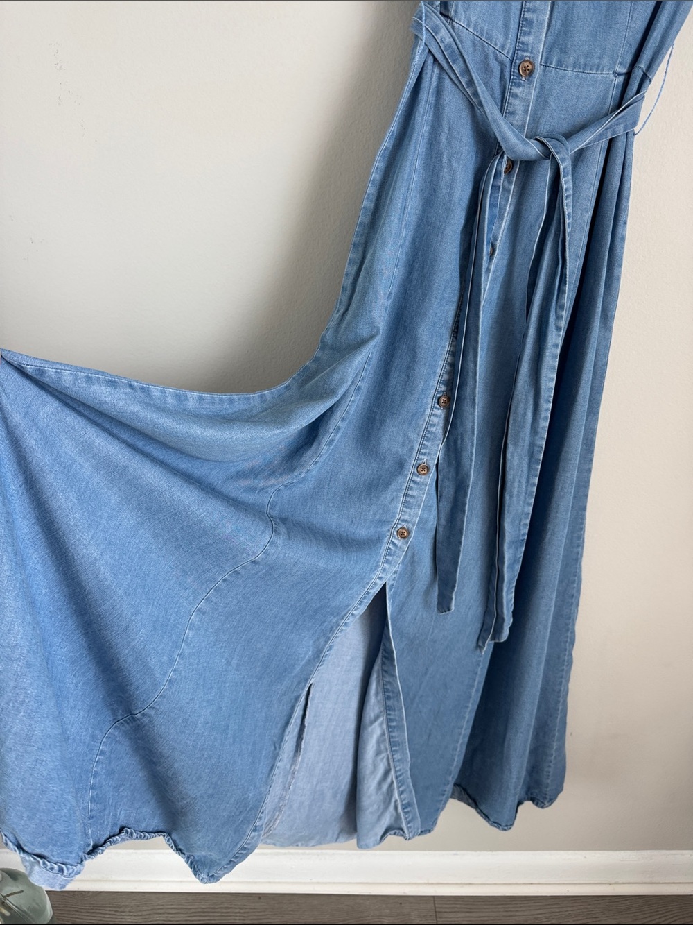 Zara Lyocell Denim Maxi Shirt Dress XS Blue Belted Button Front Sleeveless Boho - Picture 6 of 10